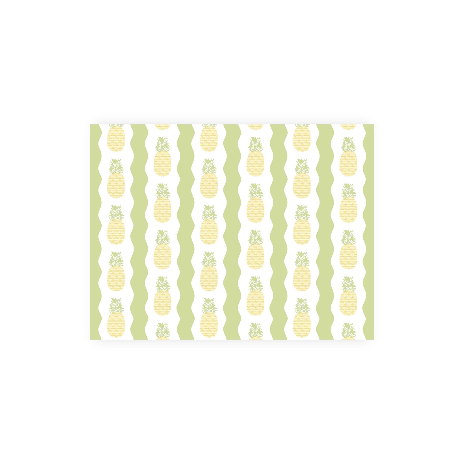 A single notecard featuring a pattern of vertical rows of stylized pineapples. The pineapples have a yellow crisscross diamond pattern with green leafy tops, set against alternating white and green wavy vertical stripes. The patterned horizontal card is centered on a white background.