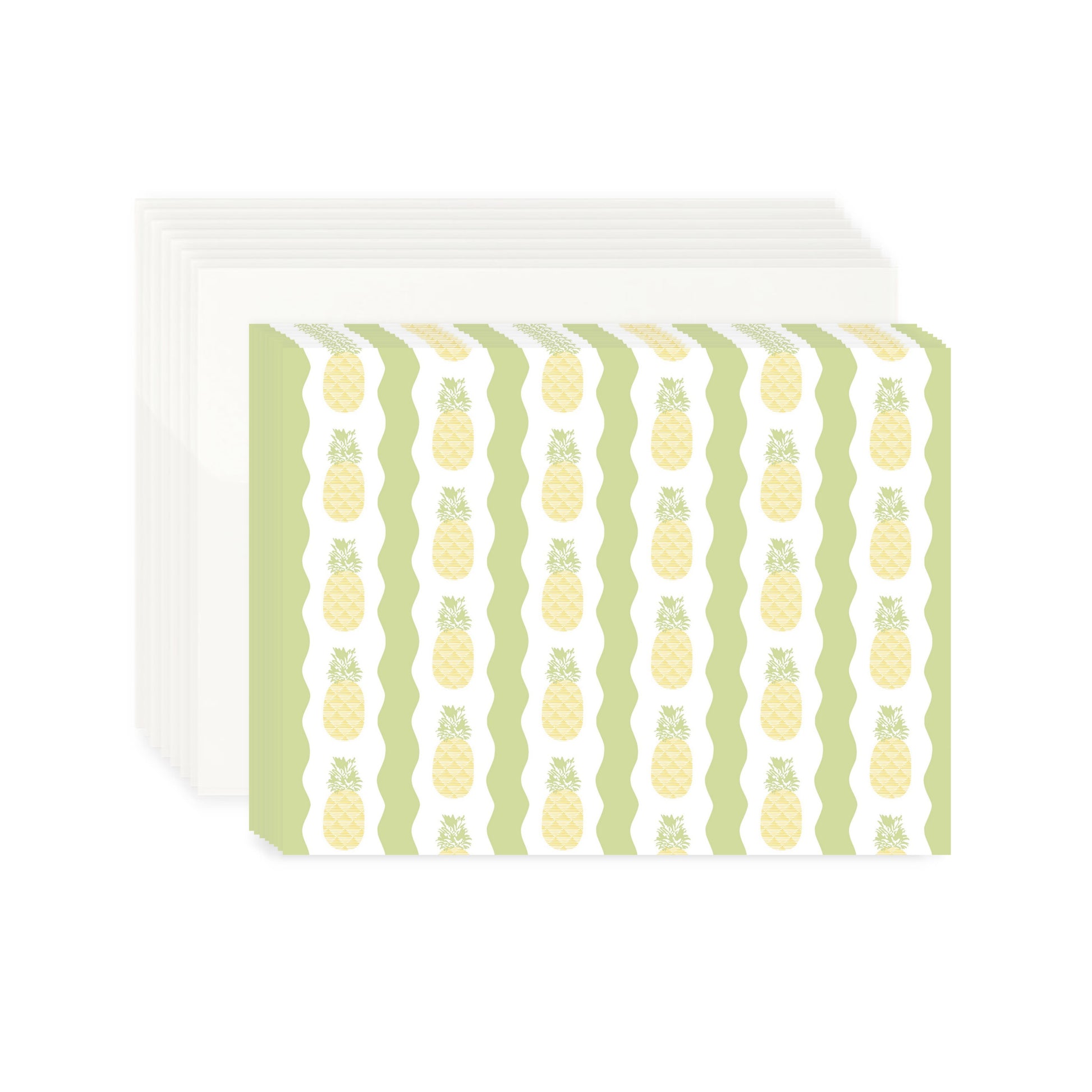 A stack of eight white envelopes and eight notecards featuring a pattern of vertical rows of stylized pineapples. The pineapples have a yellow crisscross diamond pattern with green leafy tops, set against alternating white and green wavy vertical stripes. The stationery set is centered on a white background.