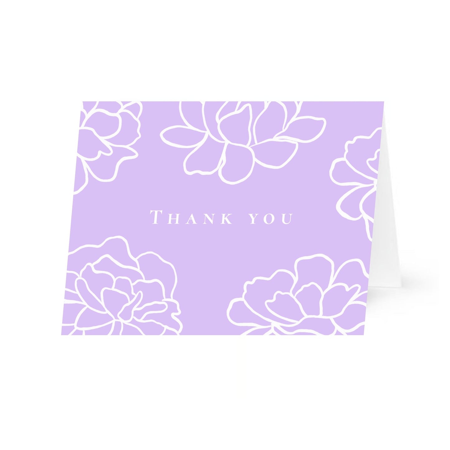 A purple horizontal folded card standing up with white line-art peony flowers and the text "Thank you" in a central uppercase serif font. The card is centered on a white background.