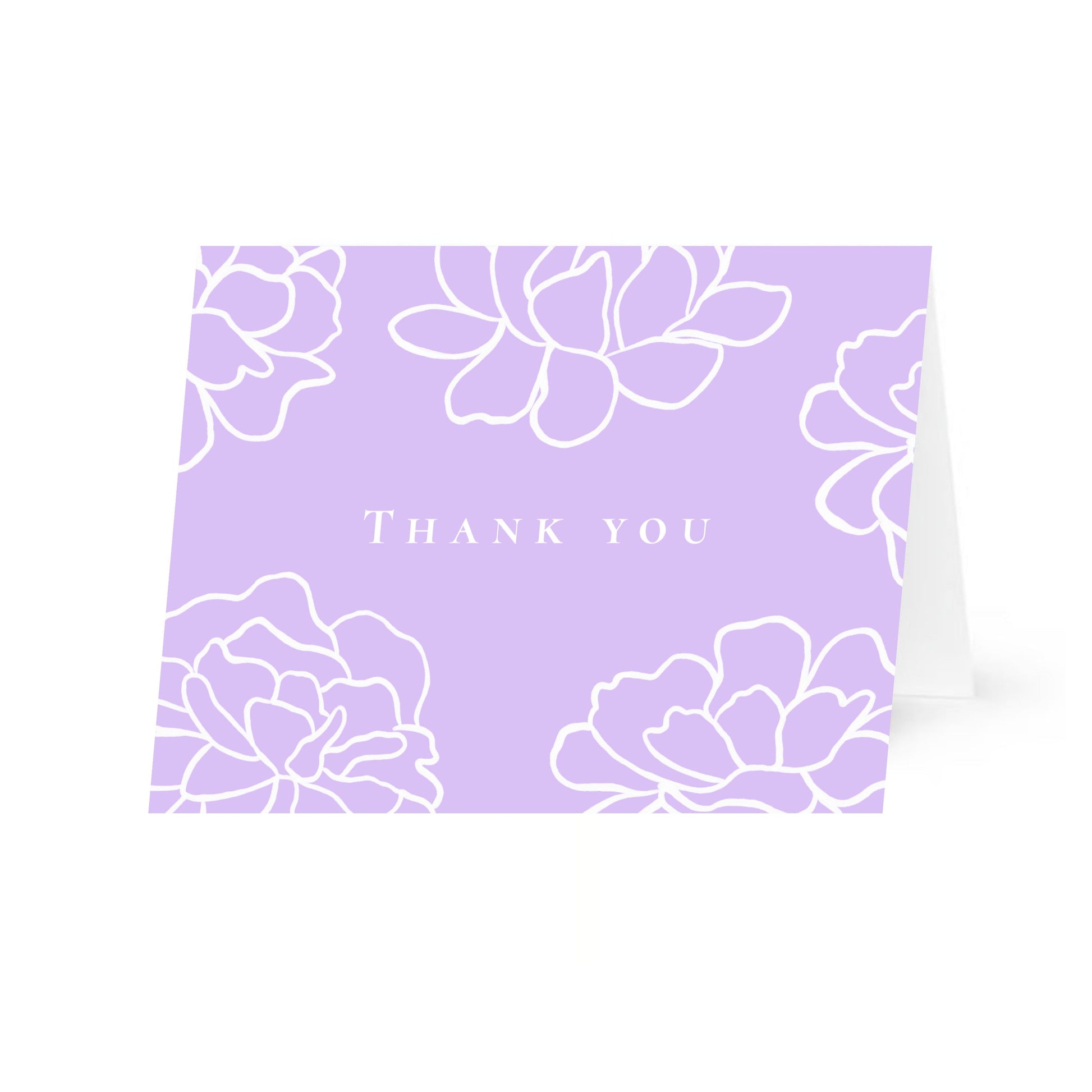 A purple horizontal folded card standing up with white line-art peony flowers and the text "Thank you" in a central uppercase serif font. The card is centered on a white background.