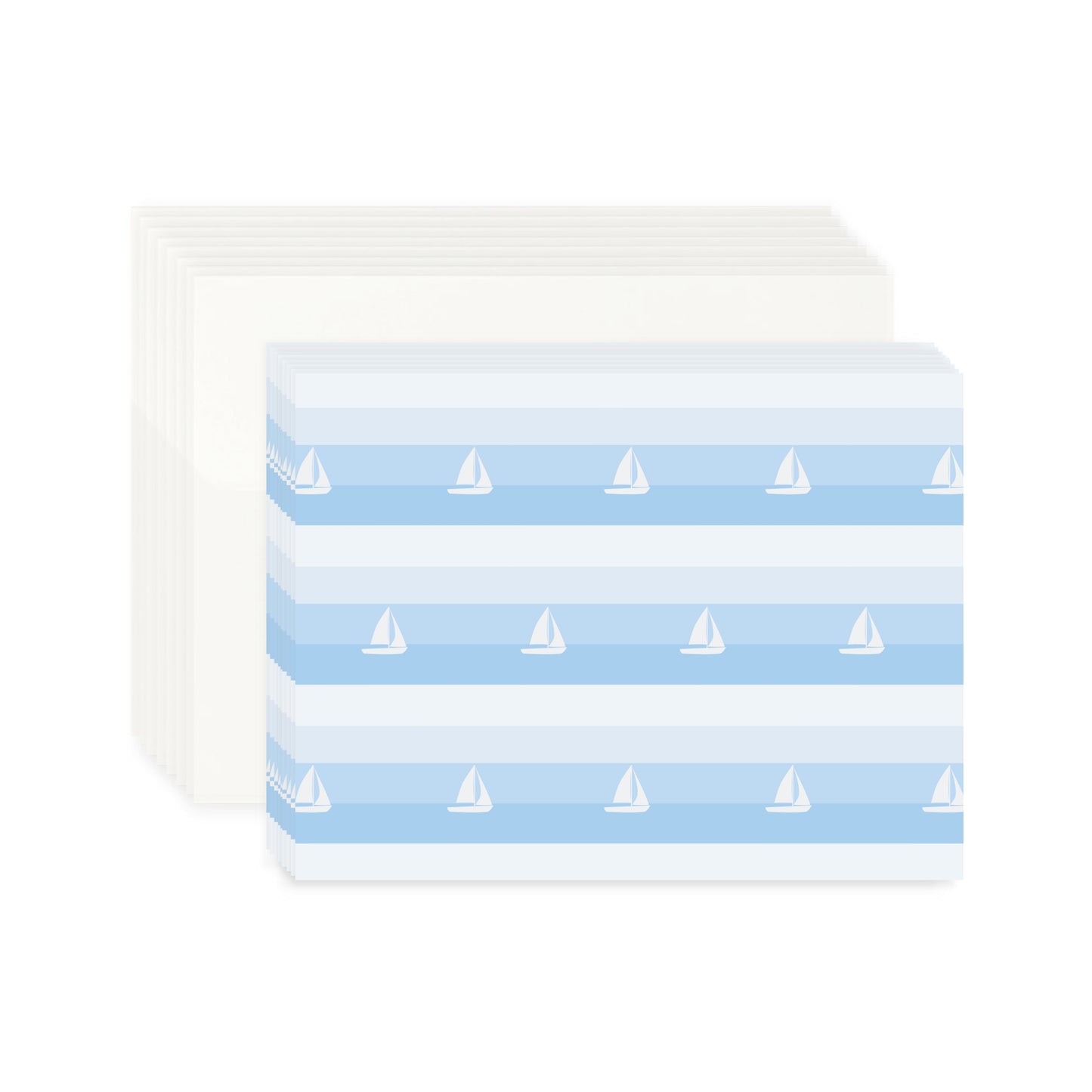 A stack of eight white envelopes and eight notecards featuring a pattern of white sailboats on blue horizontal stripes. The stationery set is centered on a white background.