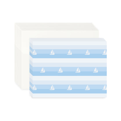 A stack of eight white envelopes and eight notecards featuring a pattern of white sailboats on blue horizontal stripes. The stationery set is centered on a white background.